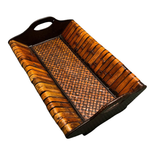 Vintage Woven Bamboo Wooden Serving Tray Rustic Handles Decorative Table Display 18”