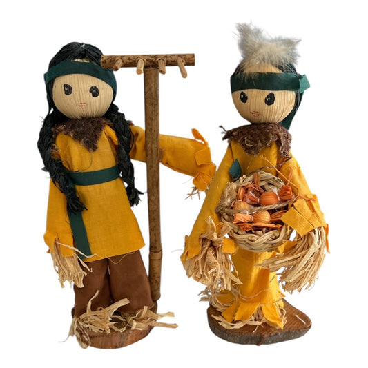 Rustic Corn Husk Farmer Dolls with Wooden Base – 7x2 – Made in China – Harvest Thanksgiving Decor