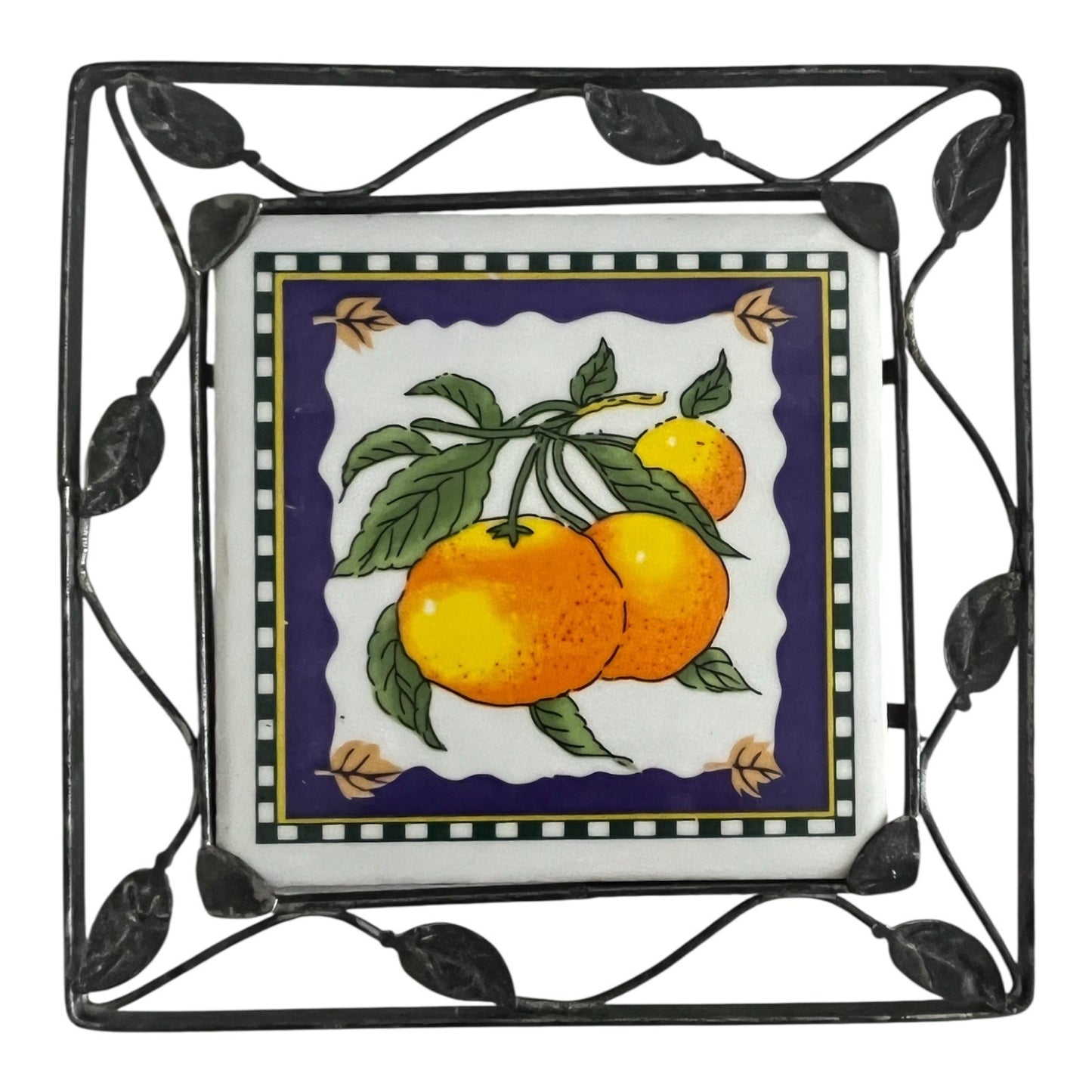 Vintage Ceramic Orange Tile Trivet with Metal Frame – 6 Inch – Made in Japan