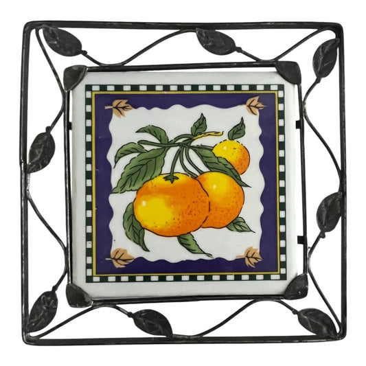 Vintage Ceramic Orange Tile Trivet with Metal Frame – 6 Inch – Made in Japan