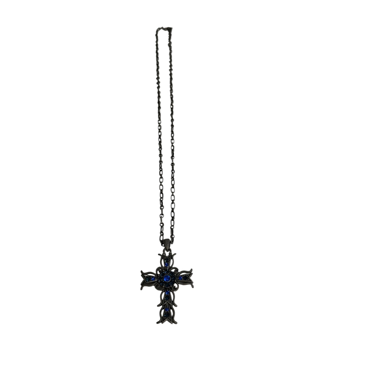 Vintage Y2K Gothic Blue Rhinestone Cross Pendant Necklace Silver Tone 22 Inch