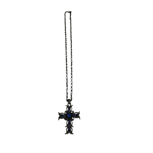 Vintage Y2K Gothic Blue Rhinestone Cross Pendant Necklace Silver Tone 22 Inch