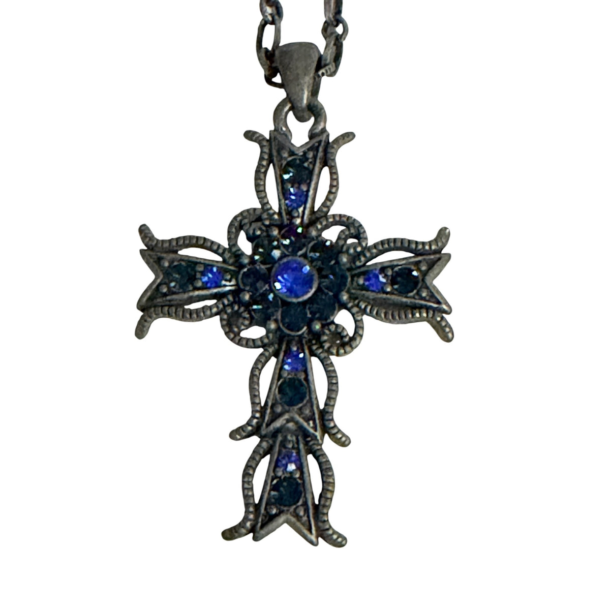 Vintage Y2K Gothic Blue Rhinestone Cross Pendant Necklace Silver Tone 22 Inch