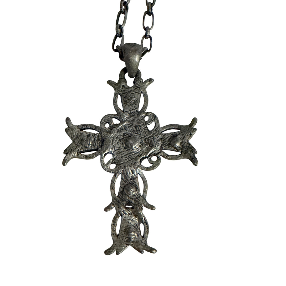 Vintage Y2K Gothic Blue Rhinestone Cross Pendant Necklace Silver Tone 22 Inch