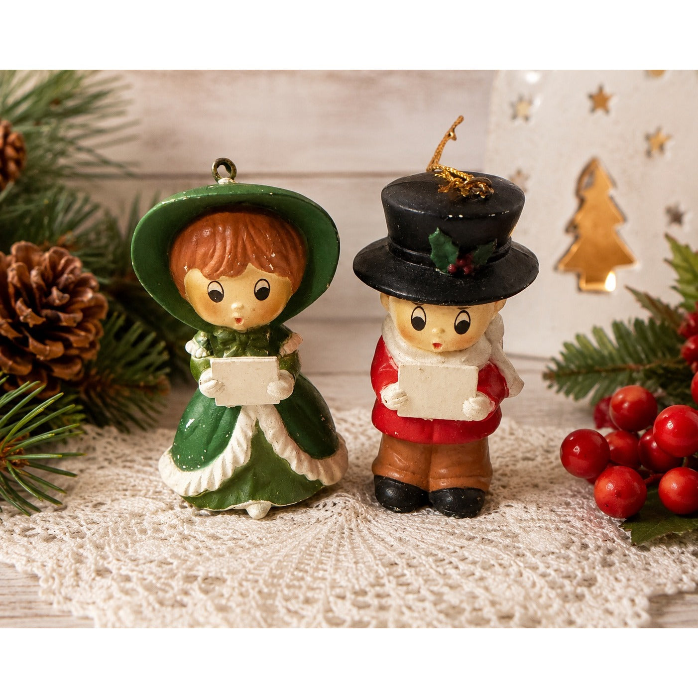 Vintage Christmas Caroler Boy Girl Resin Ornament Figurine Set Made in China