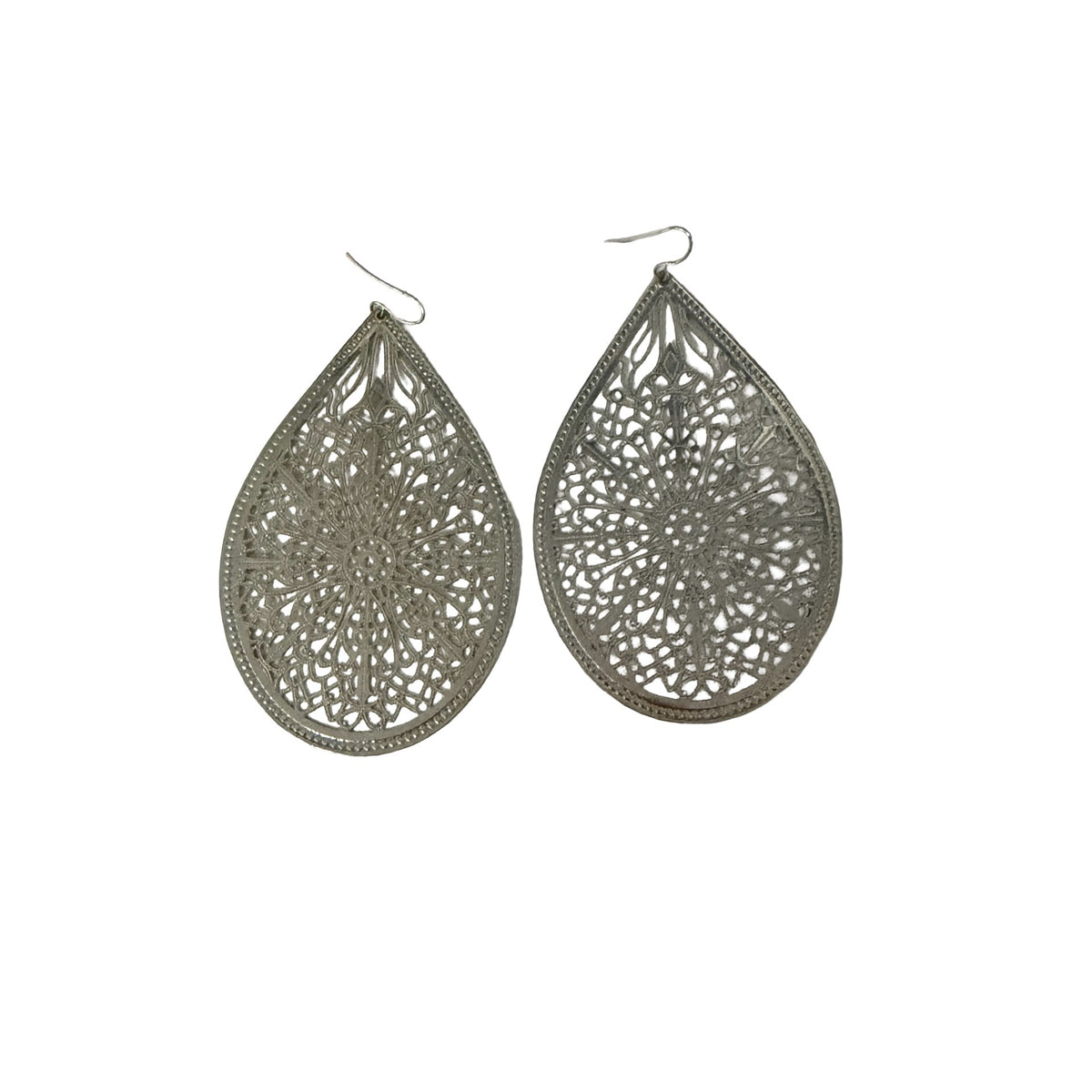 Large Silver Tone Filigree Teardrop Earrings 3" Mandala Boho Statement Dangle