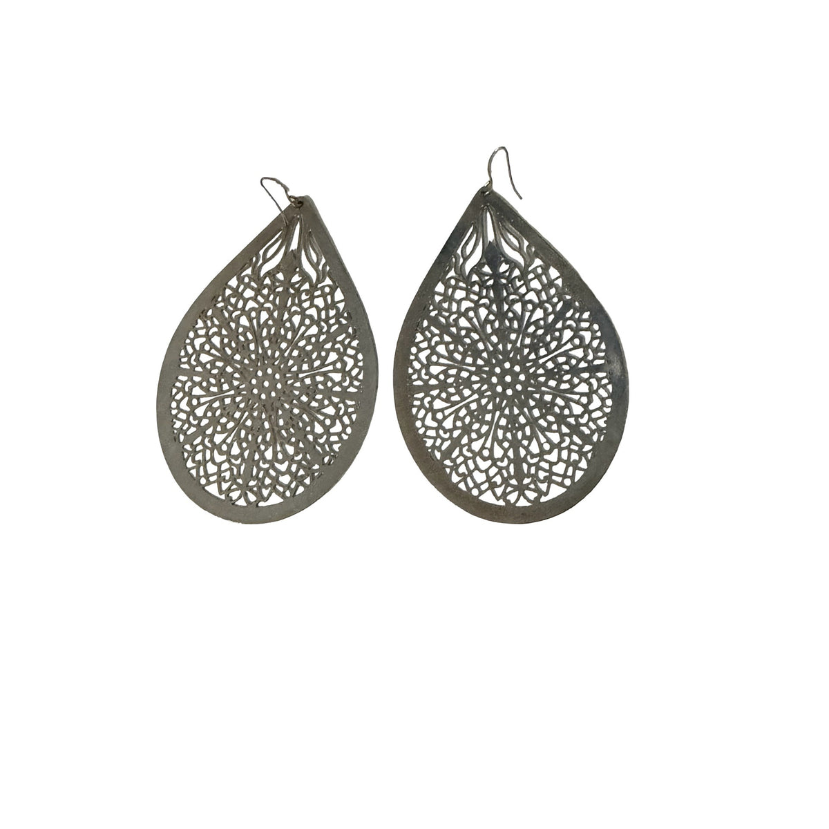 Large Silver Tone Filigree Teardrop Earrings 3" Mandala Boho Statement Dangle