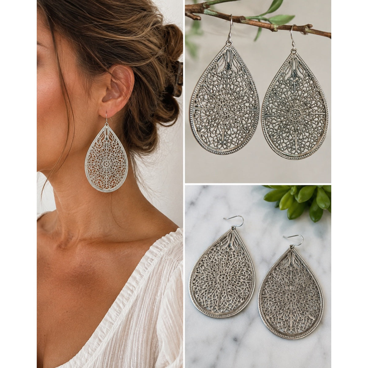 Large Silver Tone Filigree Teardrop Earrings 3" Mandala Boho Statement Dangle