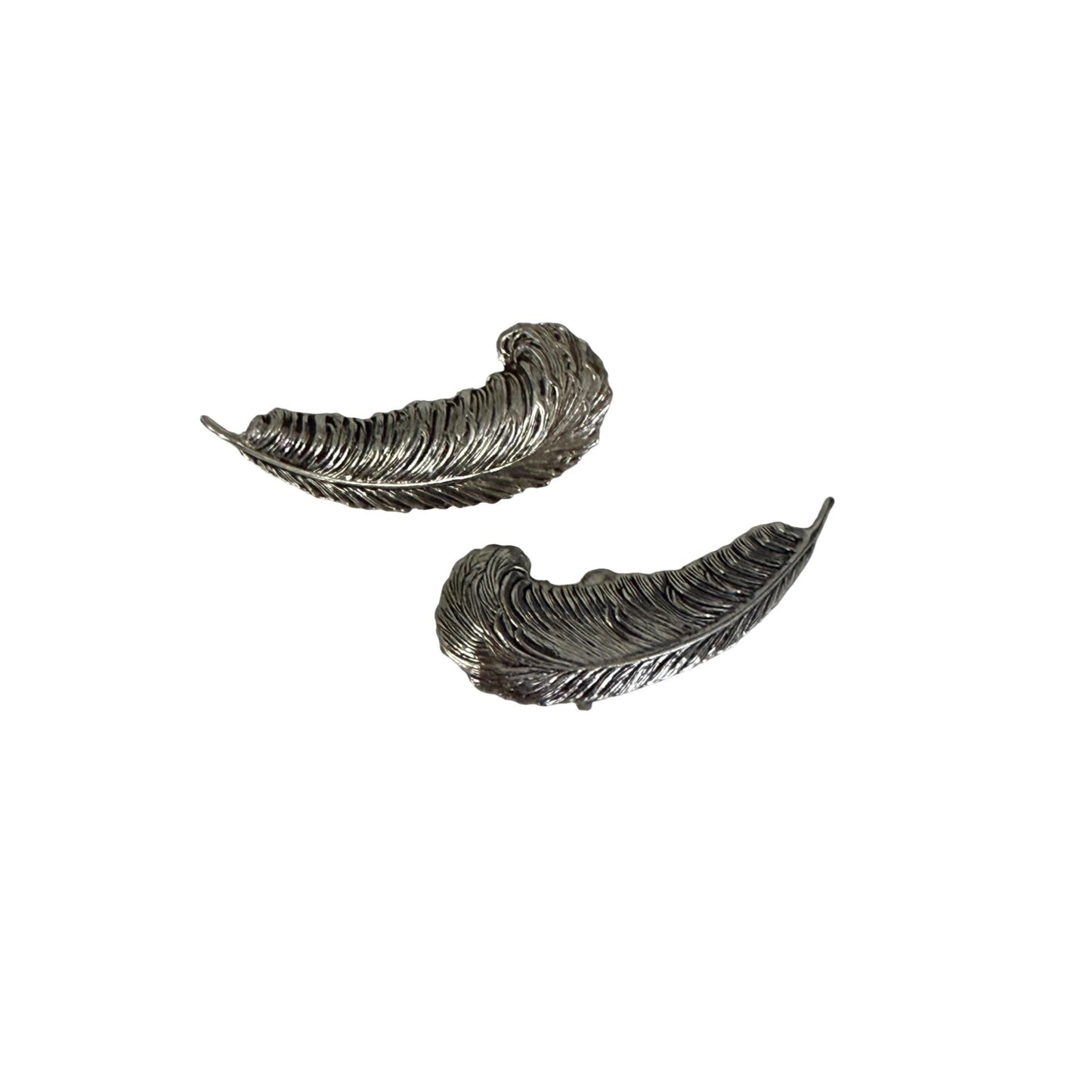 Vintage Silver Tone Feather Clip On Earrings Textured Boho Statement Jewelry