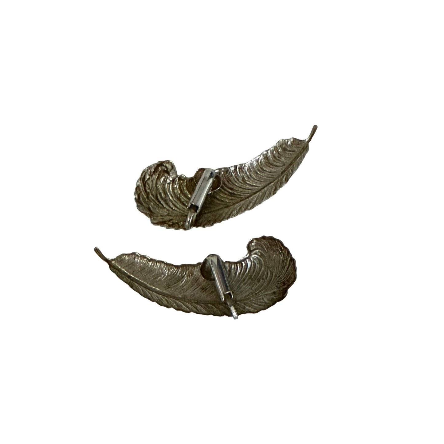 Vintage Silver Tone Feather Clip On Earrings Textured Boho Statement Jewelry