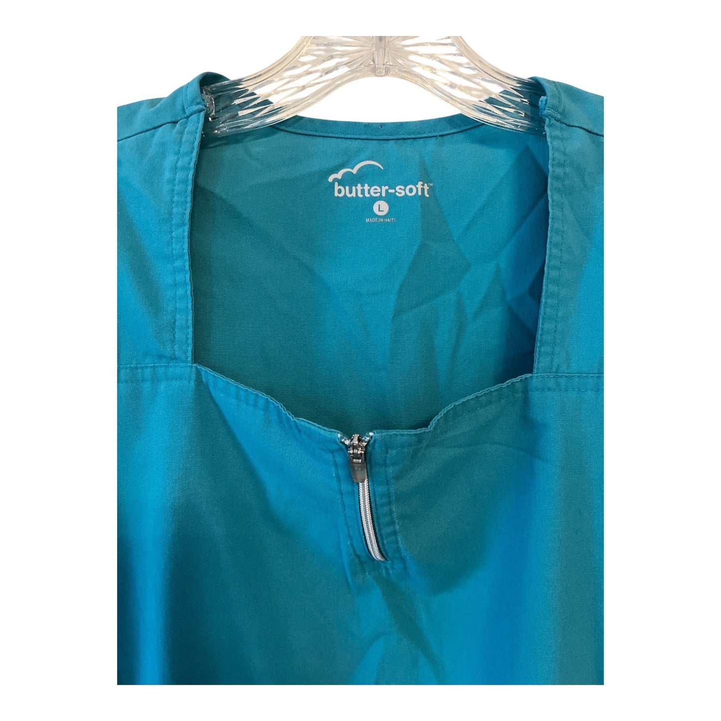 Butter-Soft Teal Scrub Top Women’s Size L – Zip Front, 2 Pockets – 65/35 Poly Cotton – Choose Quantity