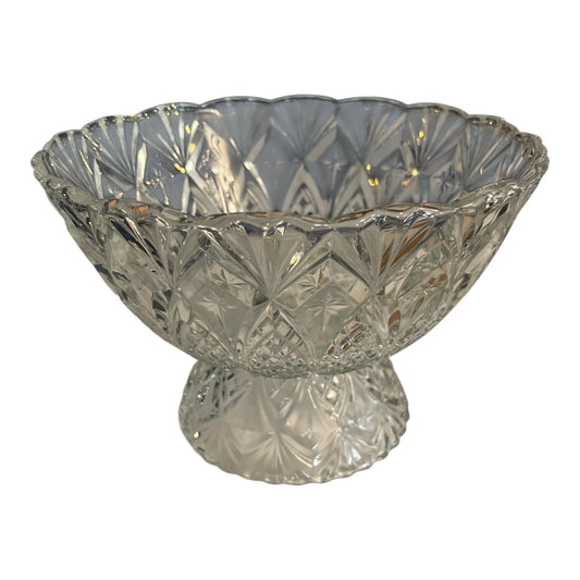 Vintage Pressed Glass Pedestal Compote Bowl – Made in France – Pineapple Diamond Cut – 8 x 6 x 4.5"
