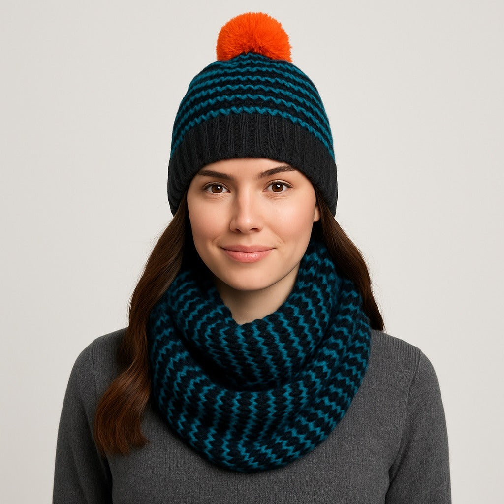 Horseware Ireland Bobble Hat & Snood Set Navy Teal Knit One Size NWT