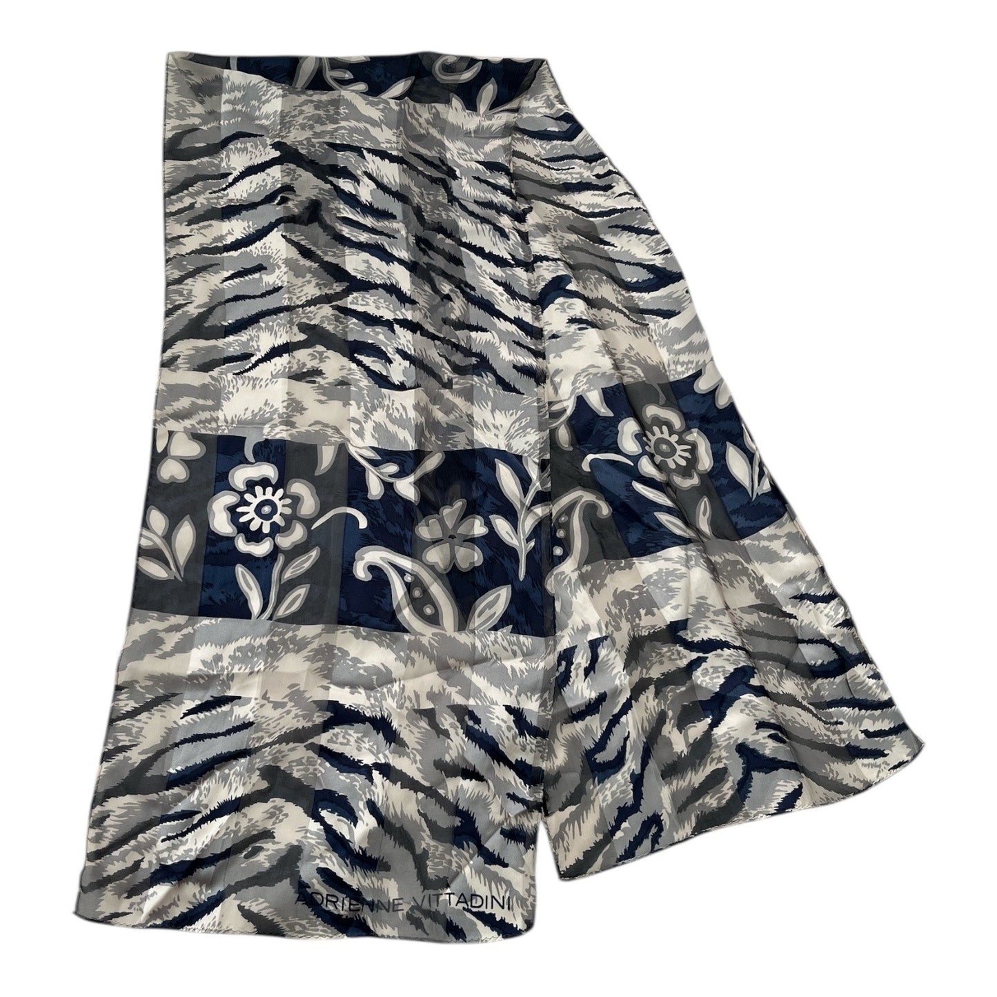 Adrienne Vittadini Sheer Silk Scarf Gray Navy Floral Abstract Print Vintage