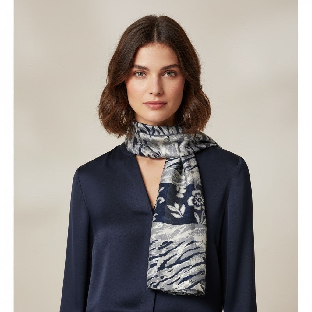 Adrienne Vittadini Sheer Silk Scarf Gray Navy Floral Abstract Print Vintage