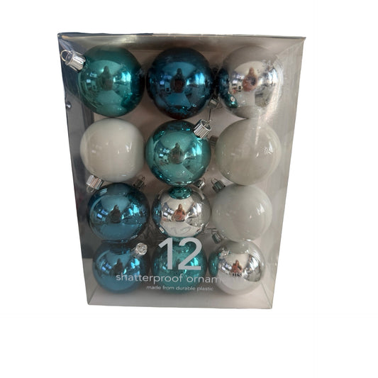 Martha Stewart Everyday First Snowfall 12 Shatterproof Christmas Ornaments Blue Silver White 48mm NIB