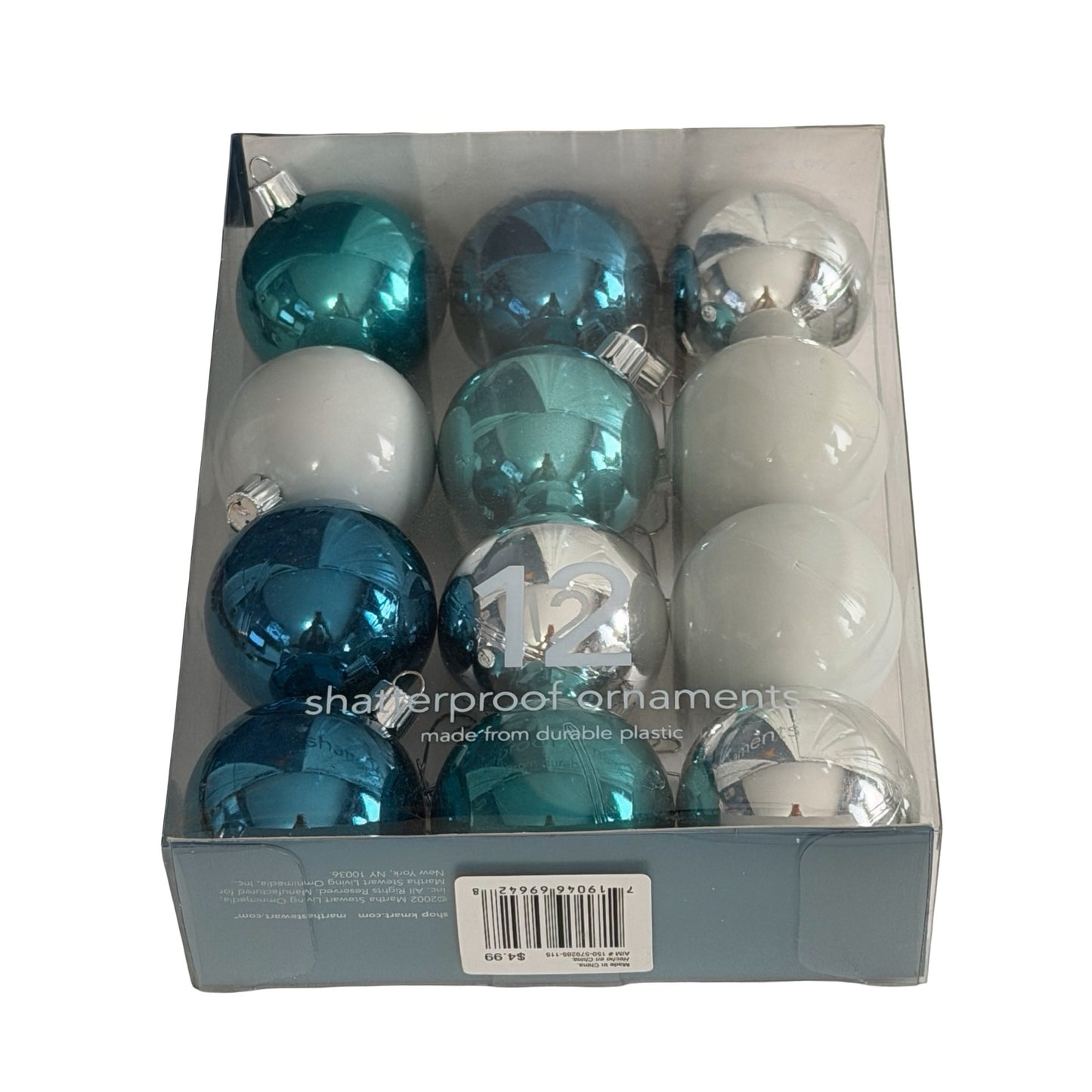 Martha Stewart Everyday First Snowfall 12 Shatterproof Christmas Ornaments Blue Silver White 48mm NIB