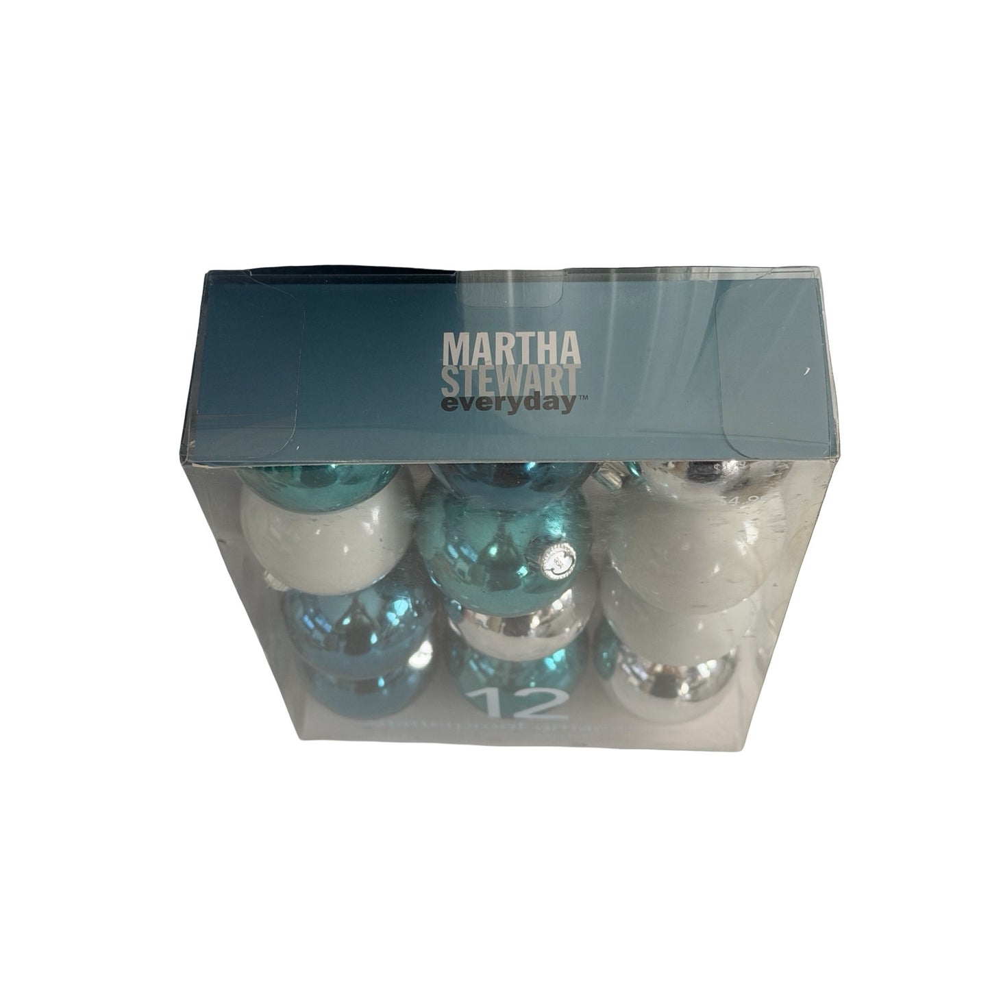 Martha Stewart Everyday First Snowfall 12 Shatterproof Christmas Ornaments Blue Silver White 48mm NIB