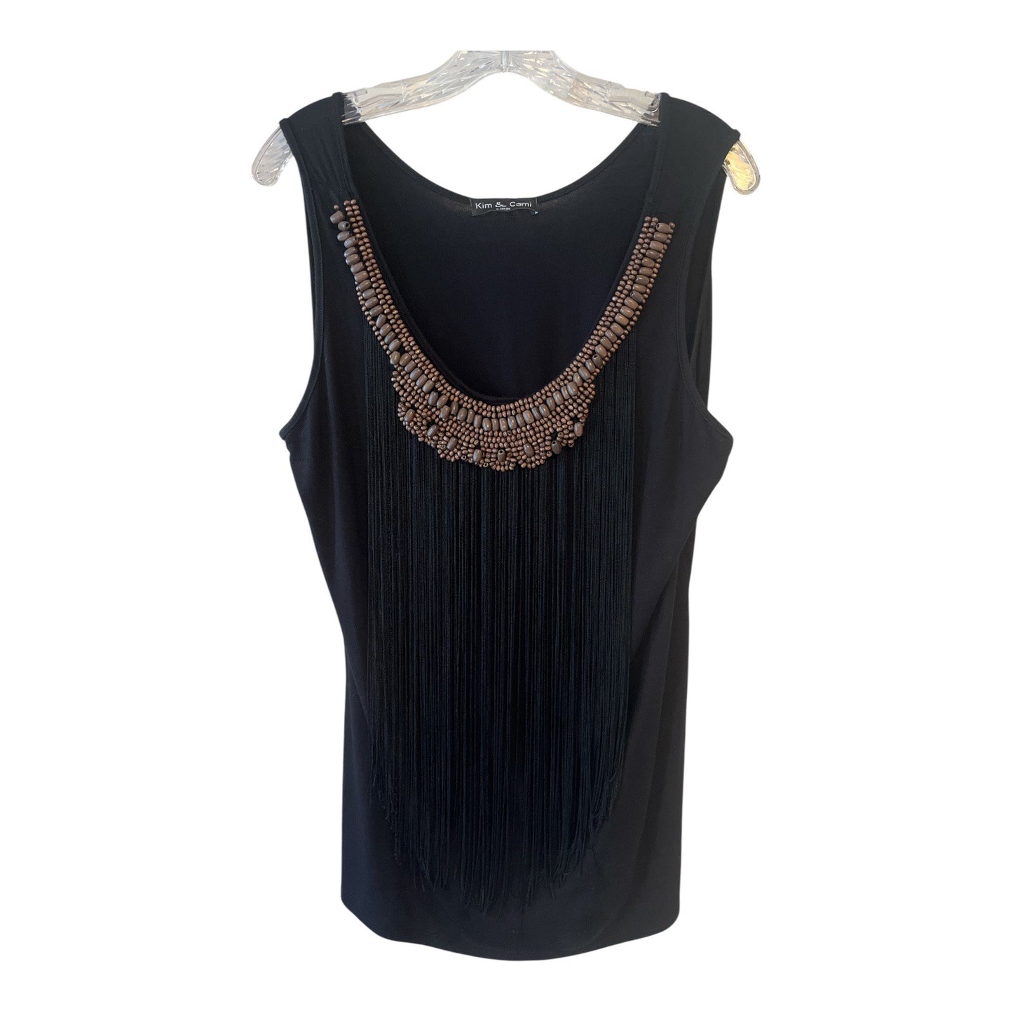 Kim & Cami Women’s XL Black Sleeveless Top – Long Fringe & Beaded Scoop Neck – Made in USA