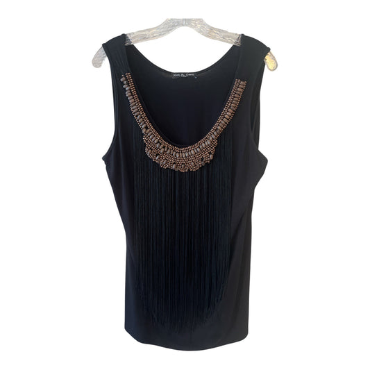 Kim & Cami Women’s XL Black Sleeveless Top – Long Fringe & Beaded Scoop Neck – Made in USA