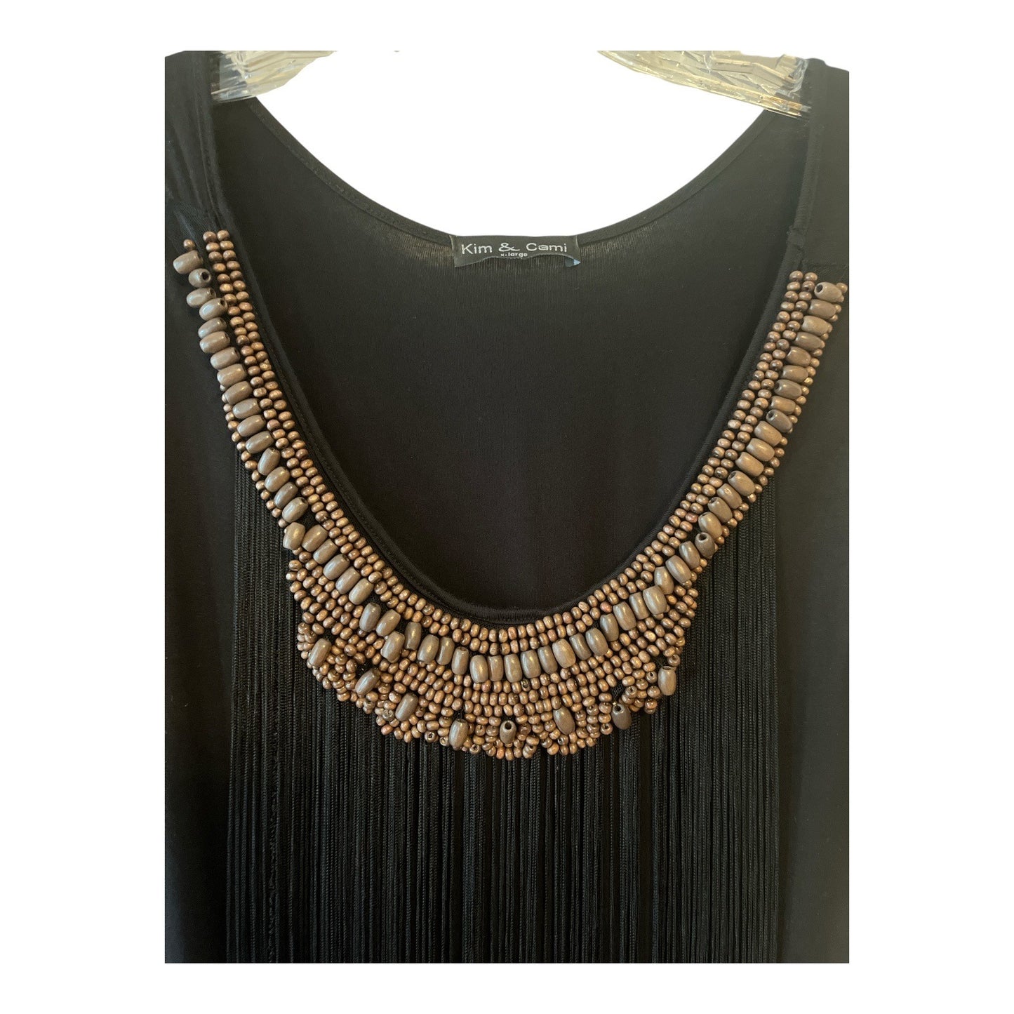 Kim & Cami Women’s XL Black Sleeveless Top – Long Fringe & Beaded Scoop Neck – Made in USA