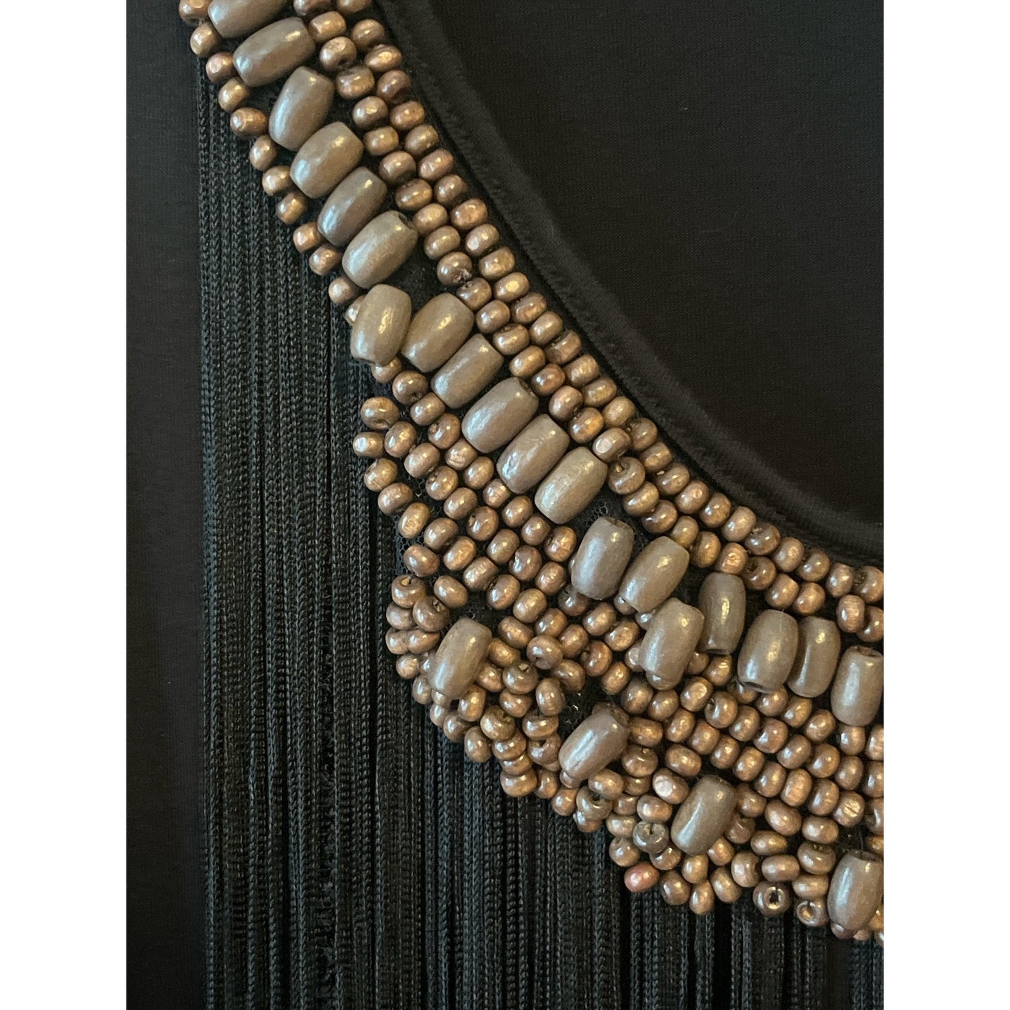 Kim & Cami Women’s XL Black Sleeveless Top – Long Fringe & Beaded Scoop Neck – Made in USA