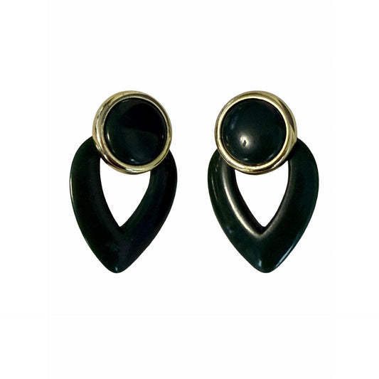 Vintage Forest Green Drop Earrings Gold Tone Round Cabochon Modernist Dangle