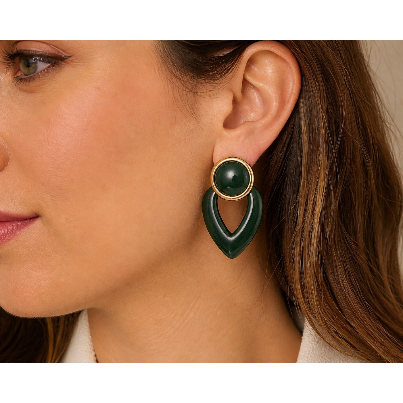 Vintage Forest Green Drop Earrings Gold Tone Round Cabochon Modernist Dangle