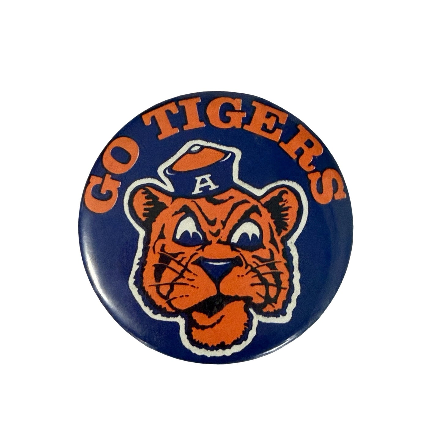 Vintage Auburn Tigers Mascot Pinback Button Blue Orange College Sports Pin 2.25"