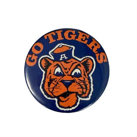 Vintage Auburn Tigers Mascot Pinback Button Blue Orange College Sports Pin 2.25"