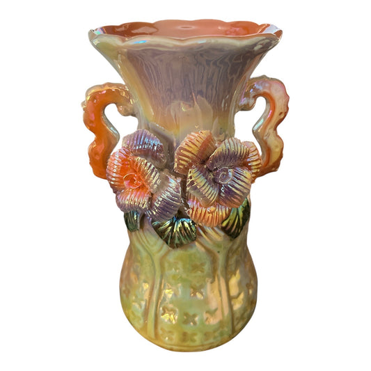 Vintage Iridescent Ceramic Flower Vase – Raised Floral Detail – 6" x 3"