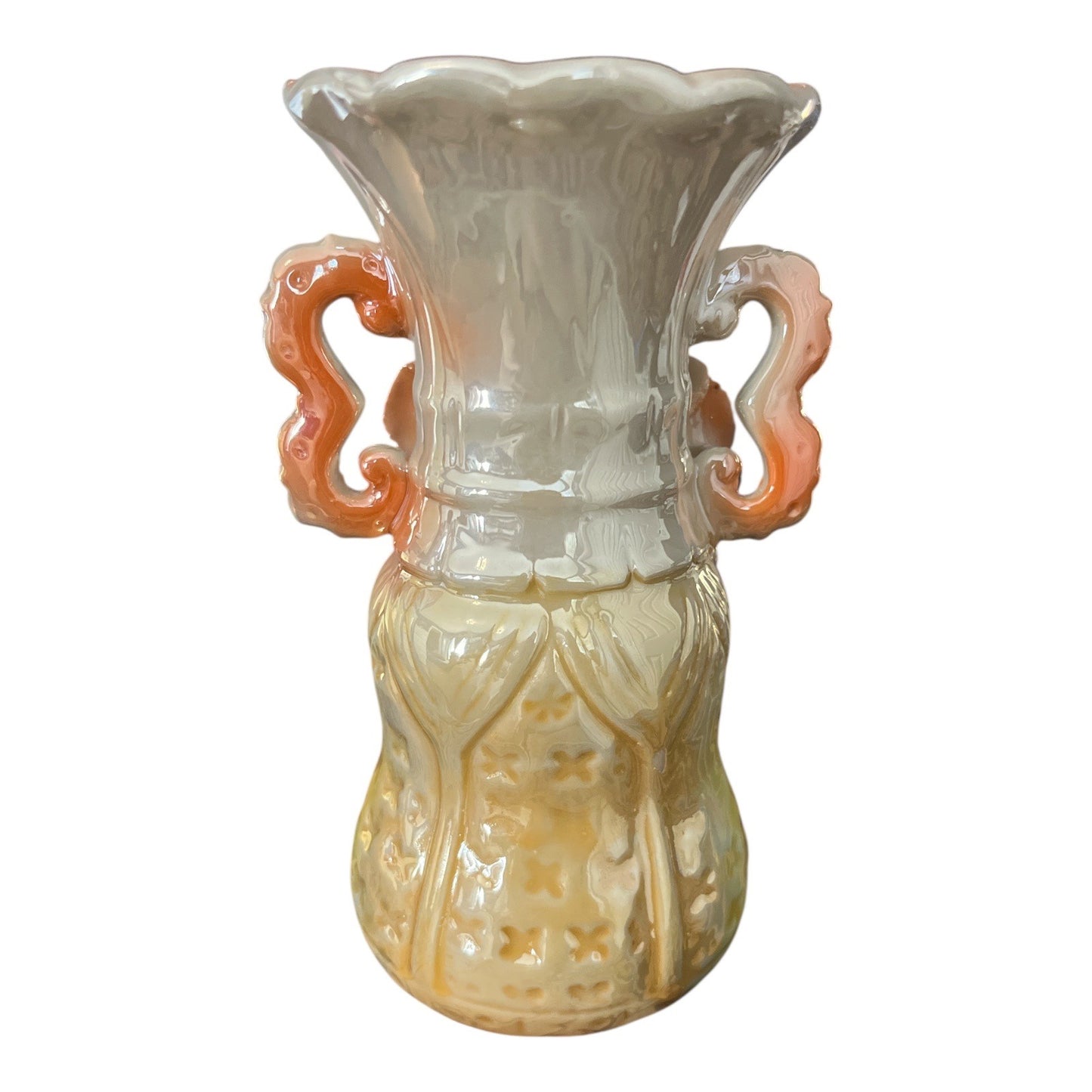 Vintage Iridescent Ceramic Flower Vase – Raised Floral Detail – 6" x 3"
