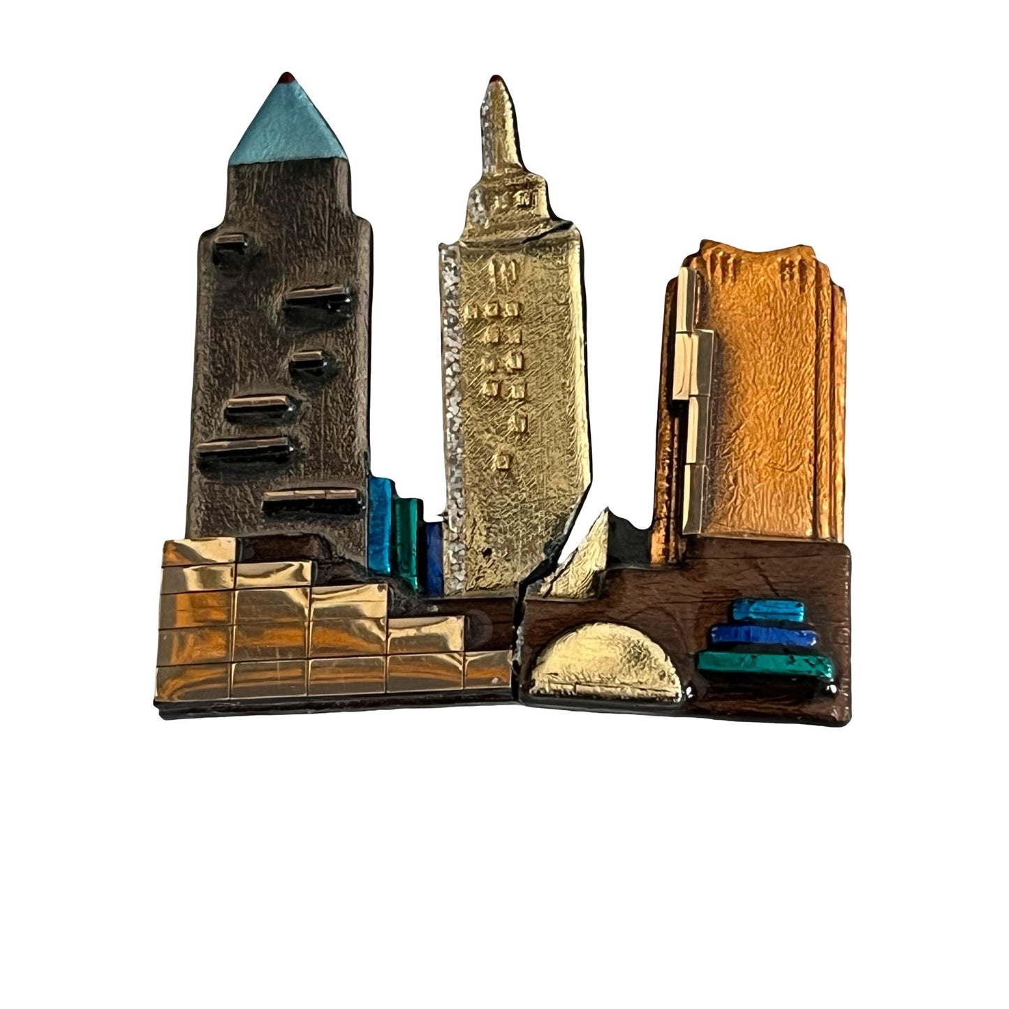 Vintage Brooch Lot Art Deco Floral Cutout Silver Tone Pin City Skyline Resin Brooch Set