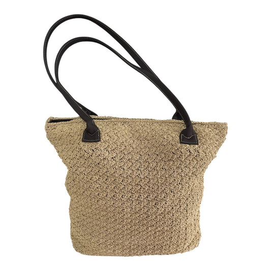 Y2K Era Woven Tote Bag Straw-Look with Brown Faux Leather Handles – 60% Cotton 40% Olefin