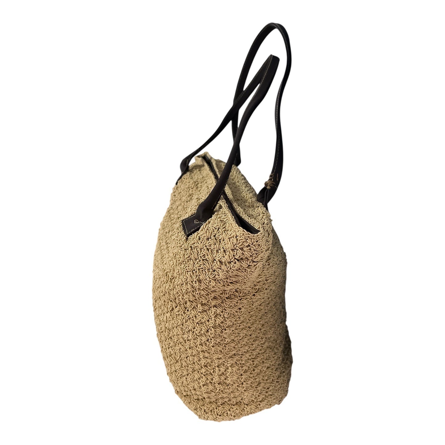 Y2K Era Woven Tote Bag Straw-Look with Brown Faux Leather Handles – 60% Cotton 40% Olefin
