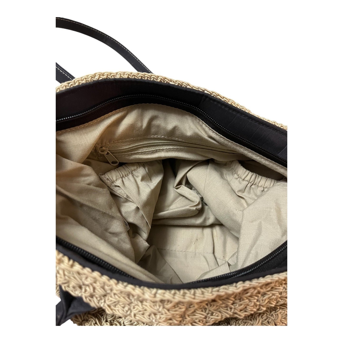 Y2K Era Woven Tote Bag Straw-Look with Brown Faux Leather Handles – 60% Cotton 40% Olefin