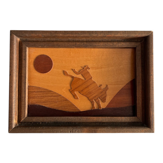 Vintage Handcrafted Wood Inlay Western Cowboy Wall Art 7x5 Rustic Framed Plaque