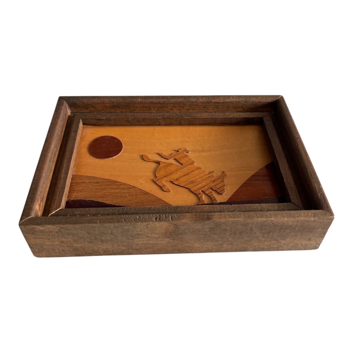 Vintage Handcrafted Wood Inlay Western Cowboy Wall Art 7x5 Rustic Framed Plaque