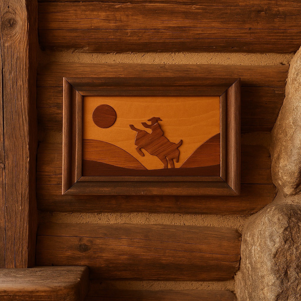 Vintage Handcrafted Wood Inlay Western Cowboy Wall Art 7x5 Rustic Framed Plaque