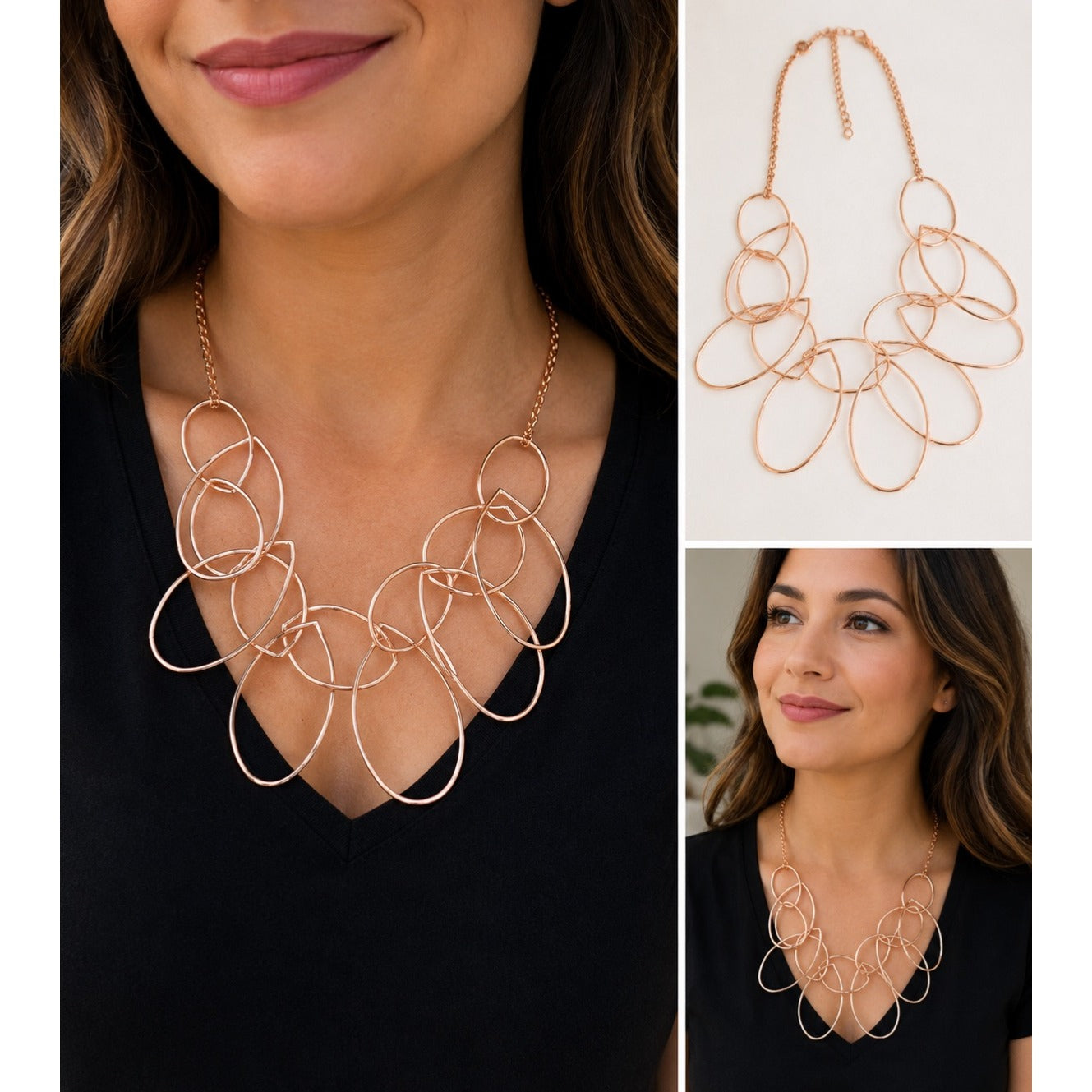 Statement Necklace Rose Gold Tone Open Oval Link Bib Necklace 14 Inch