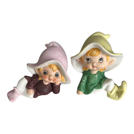 Vintage 1980s HOMCO 5213 Pixie Elf Figurines Set of 2 Made in Taiwan Mushroom Hat Elves