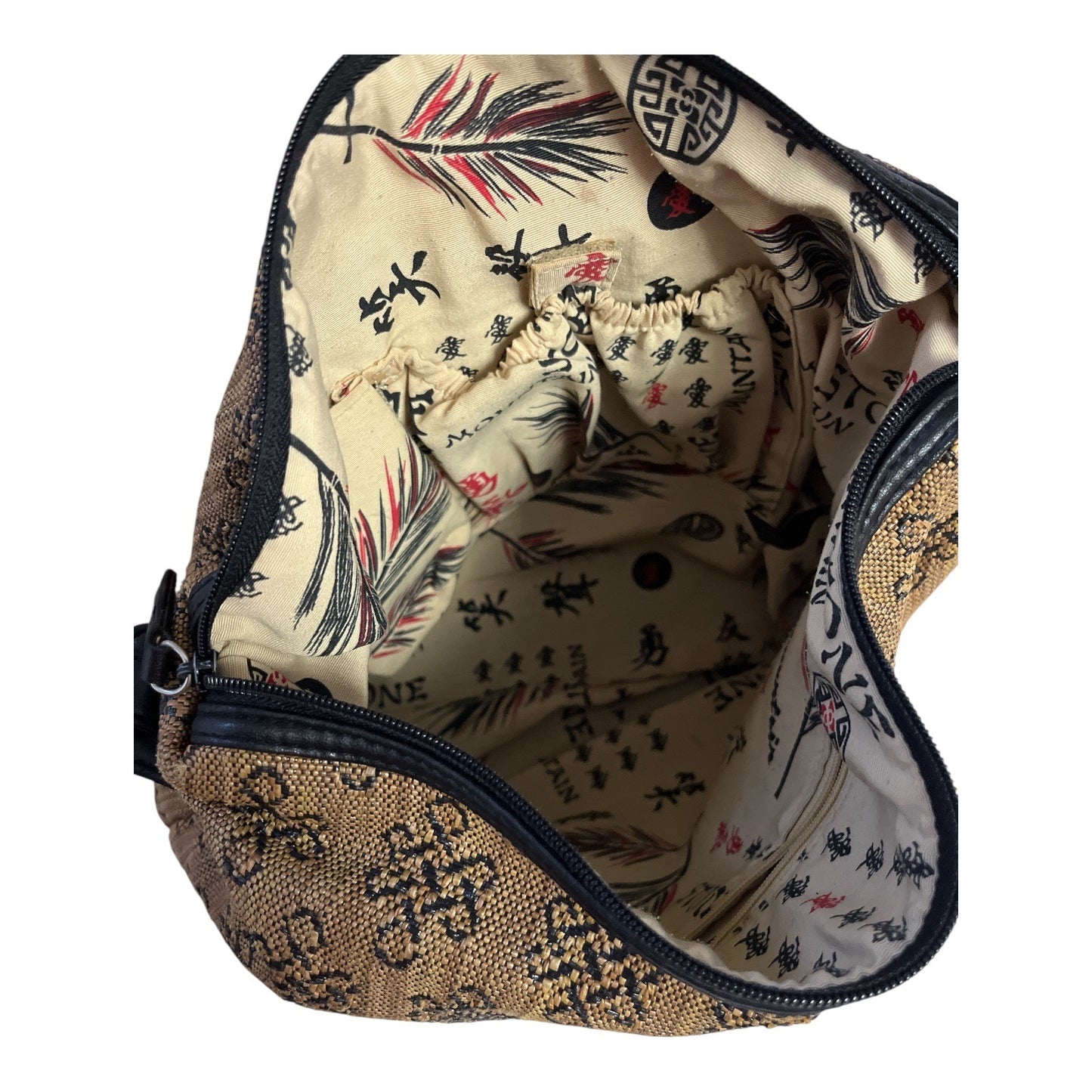 Stone Mountain Tan & Black Floral Tapestry Shoulder Bag with Faux Leather Base & Asian Script Lining