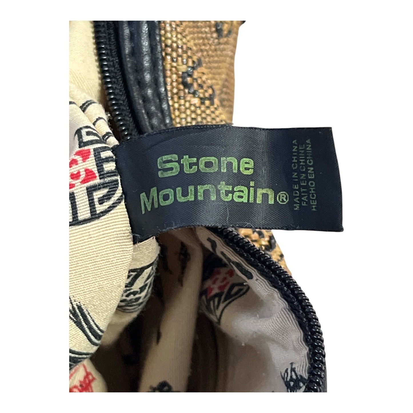 Stone Mountain Tan & Black Floral Tapestry Shoulder Bag with Faux Leather Base & Asian Script Lining