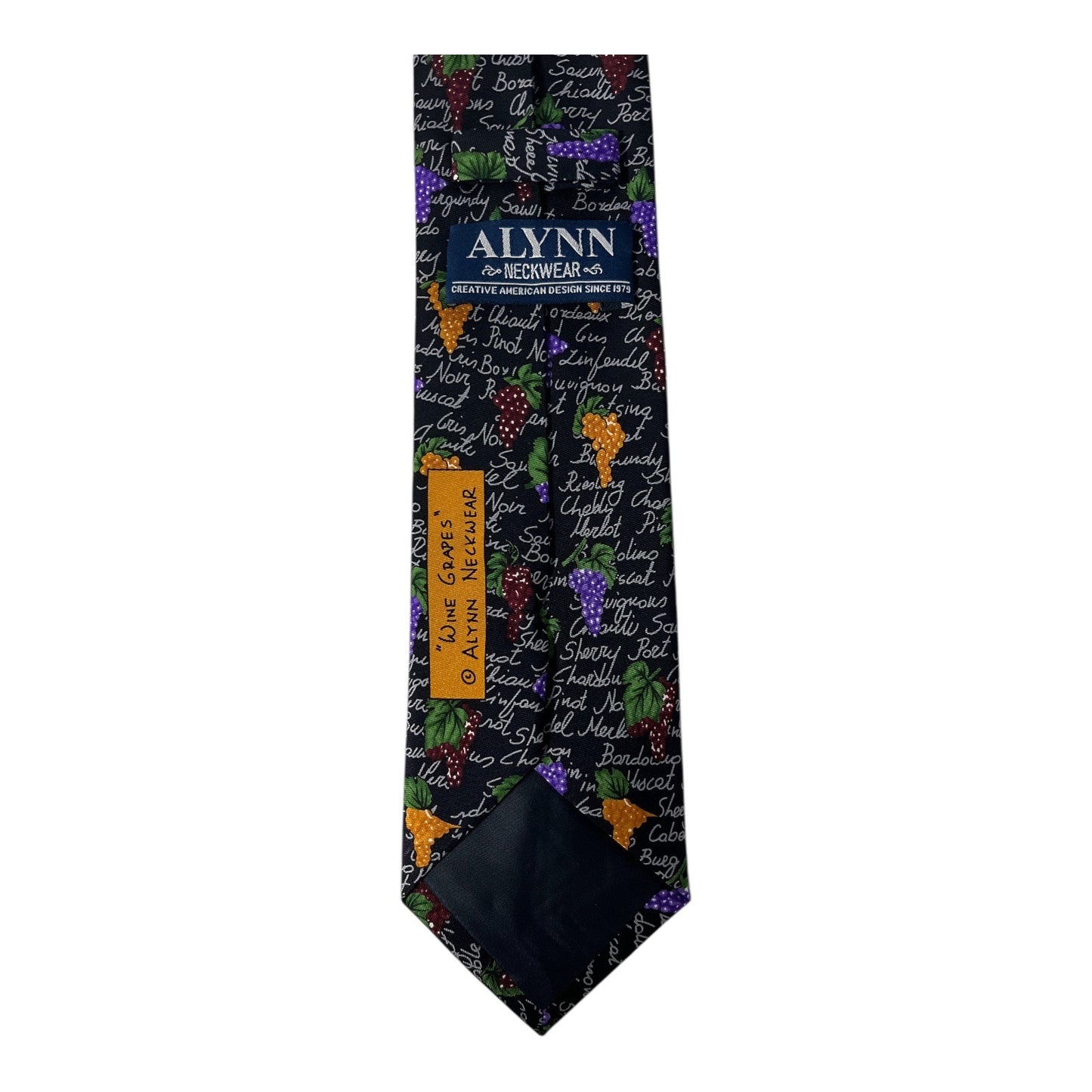 VTG Alynn Neckwear “Wine Grapes” Silk Tie – Wine Varietal Script & Grapes Print – 60x3