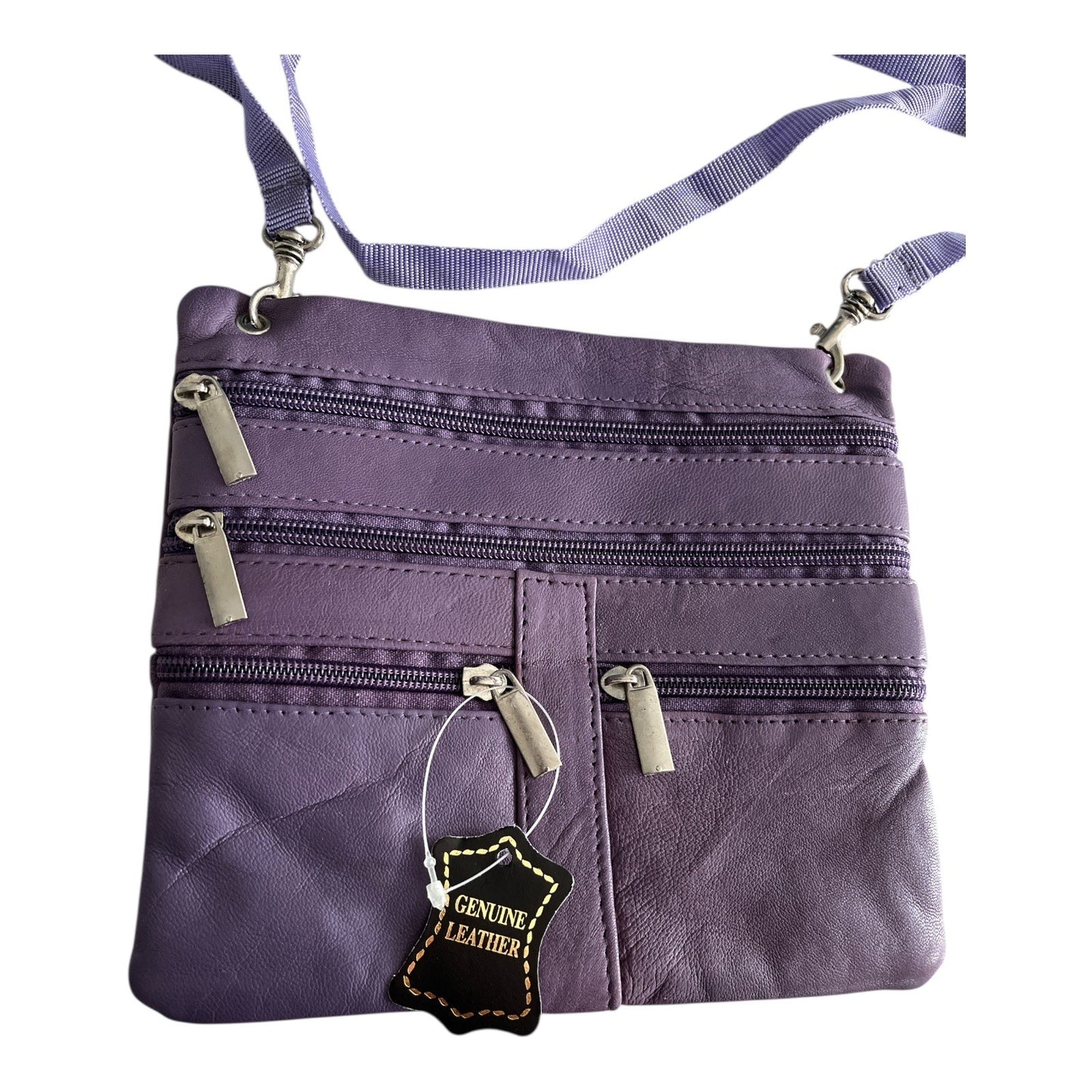 Lavender Genuine Leather Crossbody Bag with Front and Back Zippers