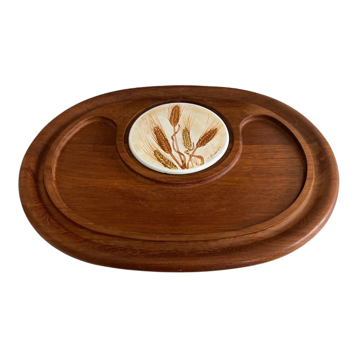 Vintage Good Wood Genuine Teak Thailand Serving Tray With Ceramic Wheat Tile Center 18x14 Mid Century Style