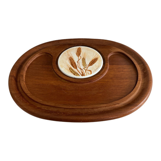 Vintage Good Wood Genuine Teak Thailand Serving Tray With Ceramic Wheat Tile Center 18x14 Mid Century Style