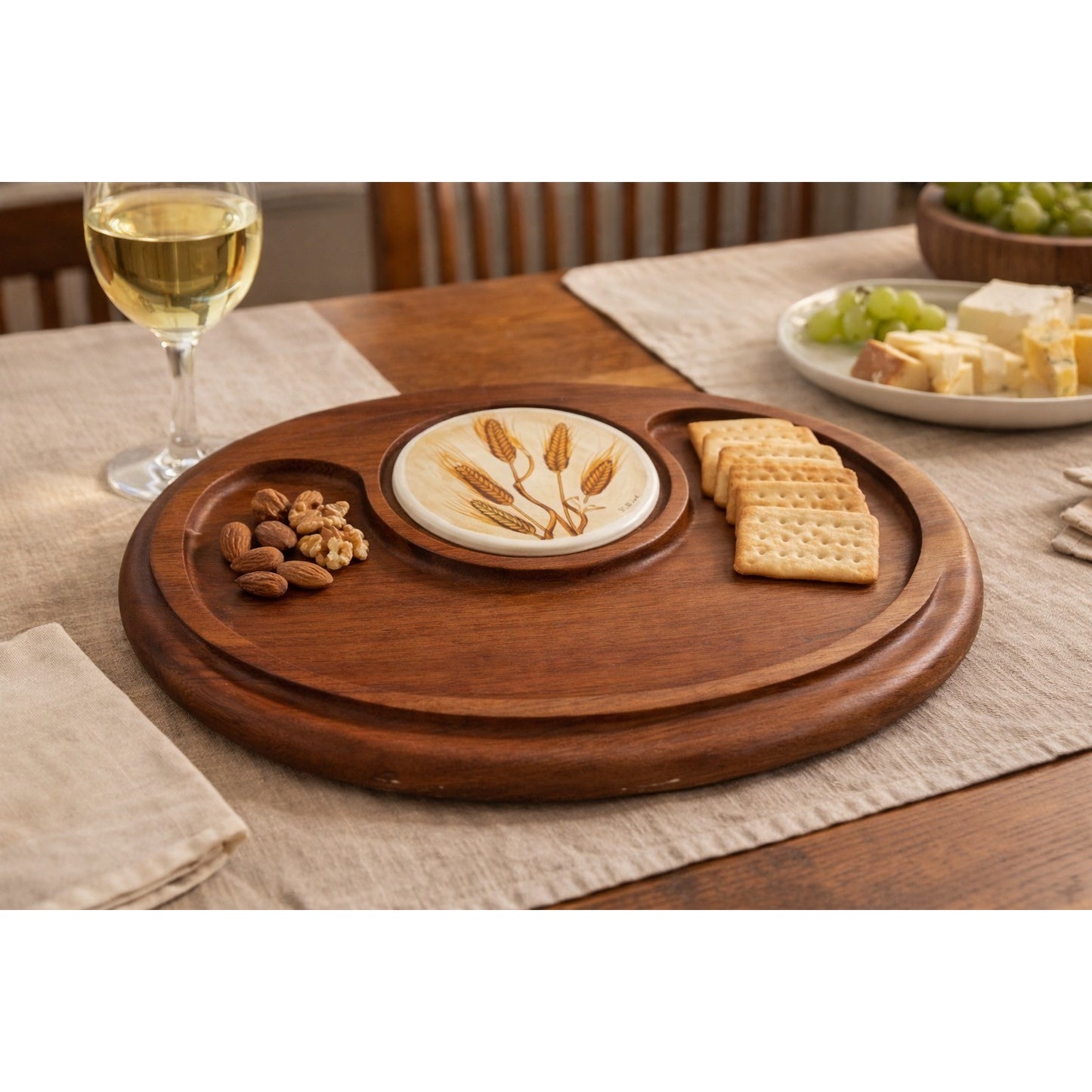 Vintage Good Wood Genuine Teak Thailand Serving Tray With Ceramic Wheat Tile Center 18x14 Mid Century Style