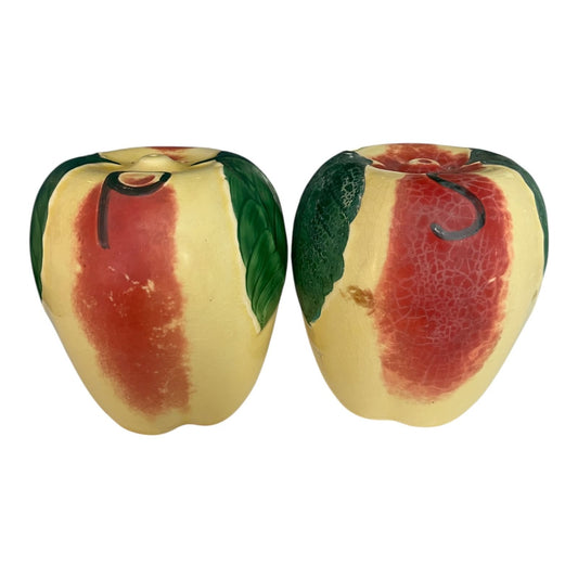 Vintage Hull Pottery Apple Salt and Pepper Shakers – Hand-Painted Red and Yellow Fruit Design with Green Leaves – 1950s