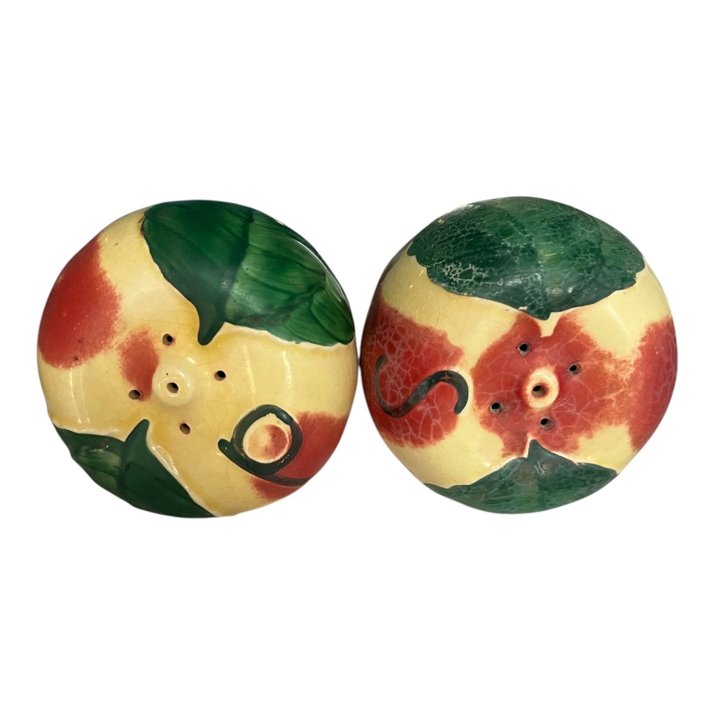 Vintage Hull Pottery Apple Salt and Pepper Shakers – Hand-Painted Red and Yellow Fruit Design with Green Leaves – 1950s